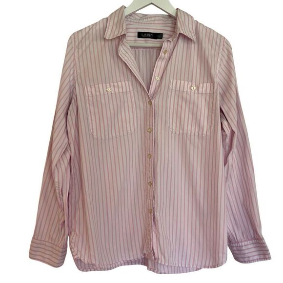 Lauren Ralph Lauren pink striped pocket front button down large - Picture 1 of 9